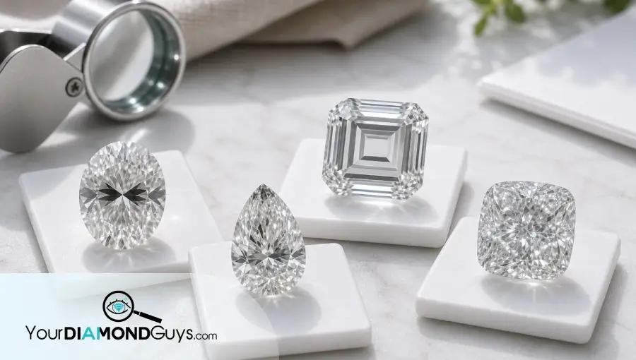 Natural macro photo of fancy shape lab diamonds showing oval bow tie, pear tip darkness, emerald windowing, and cushion facet mush.