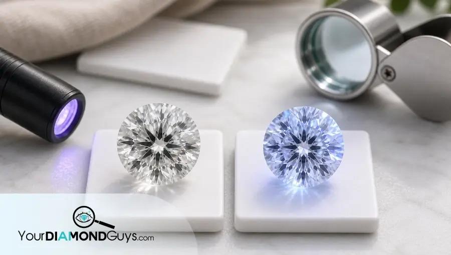 Natural macro photo comparing a normal-light lab diamond with a controlled UV glow-reaction lab diamond.