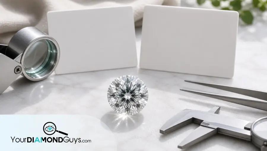 Natural macro photo of a lab diamond with blank grading cards, loupe, and calipers for report comparison and verification