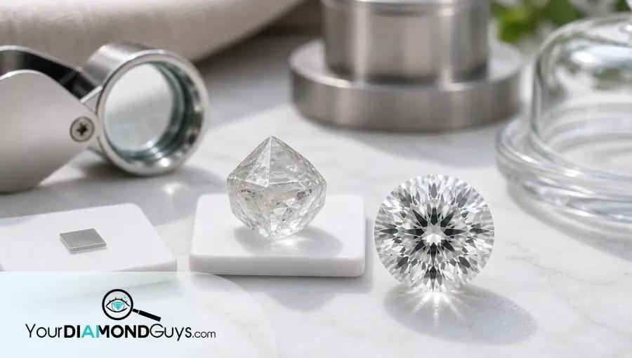 Natural macro photo showing a diamond seed plate, rough grown crystal, and finished lab grown diamond