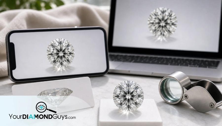 Natural macro photo of a lab diamond inspection setup with phone and laptop video views, side-view card, and loupe.