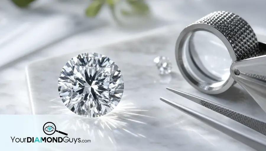 Ultra realistic lab grown diamond buying guide image showing a loose diamond, loupe, and tweezers in a clean inspection setup.