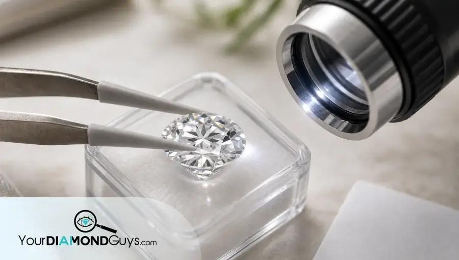 Natural macro photo of a loose lab diamond held in soft-tip tweezers under an inspection lens for laser inscription verification.