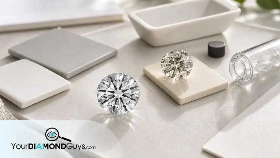 Natural macro photo of neutral and faint warm lab diamonds with treatment review props, blank swatches, ceramic tray, graphite puck, and quartz vial.