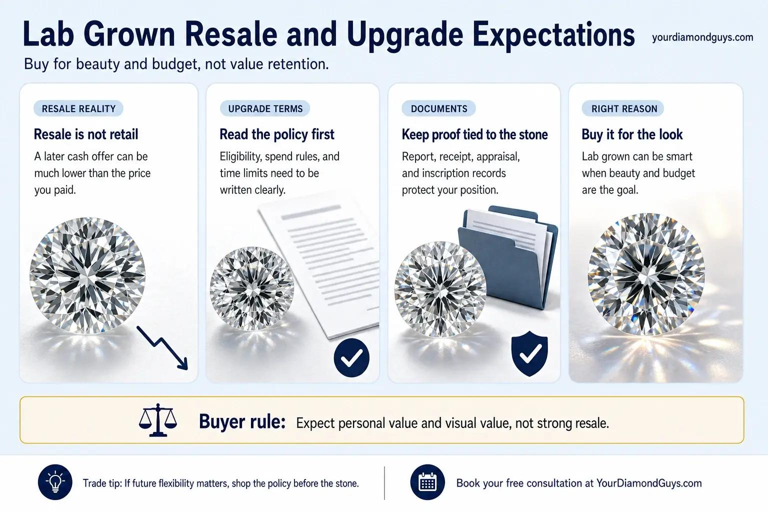 Lab grown diamond resale and upgrade expectations infographic