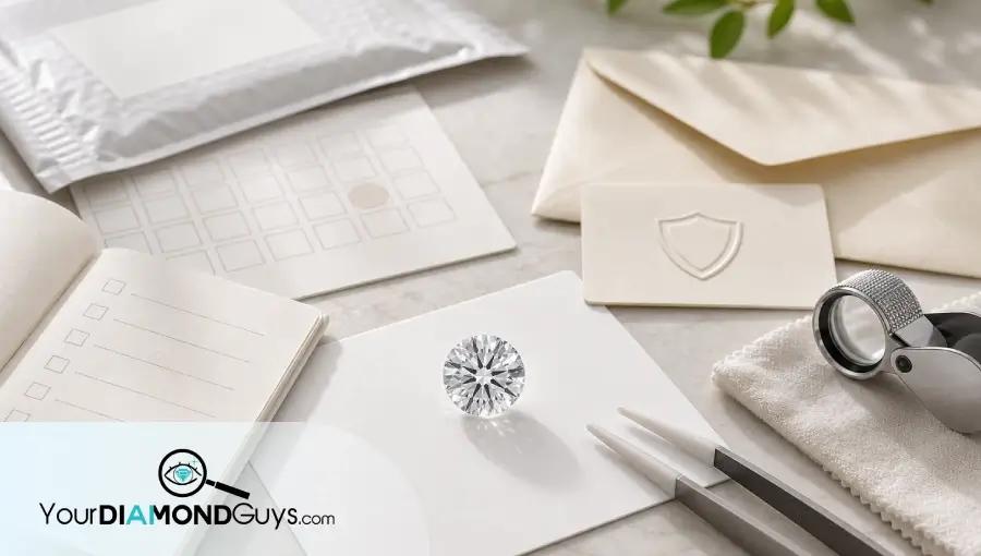 Natural macro photo of a loose lab diamond with blank checklist notebook, calendar card, padded return mailer, warranty shield card, loupe, tweezers, cloth, and envelope.