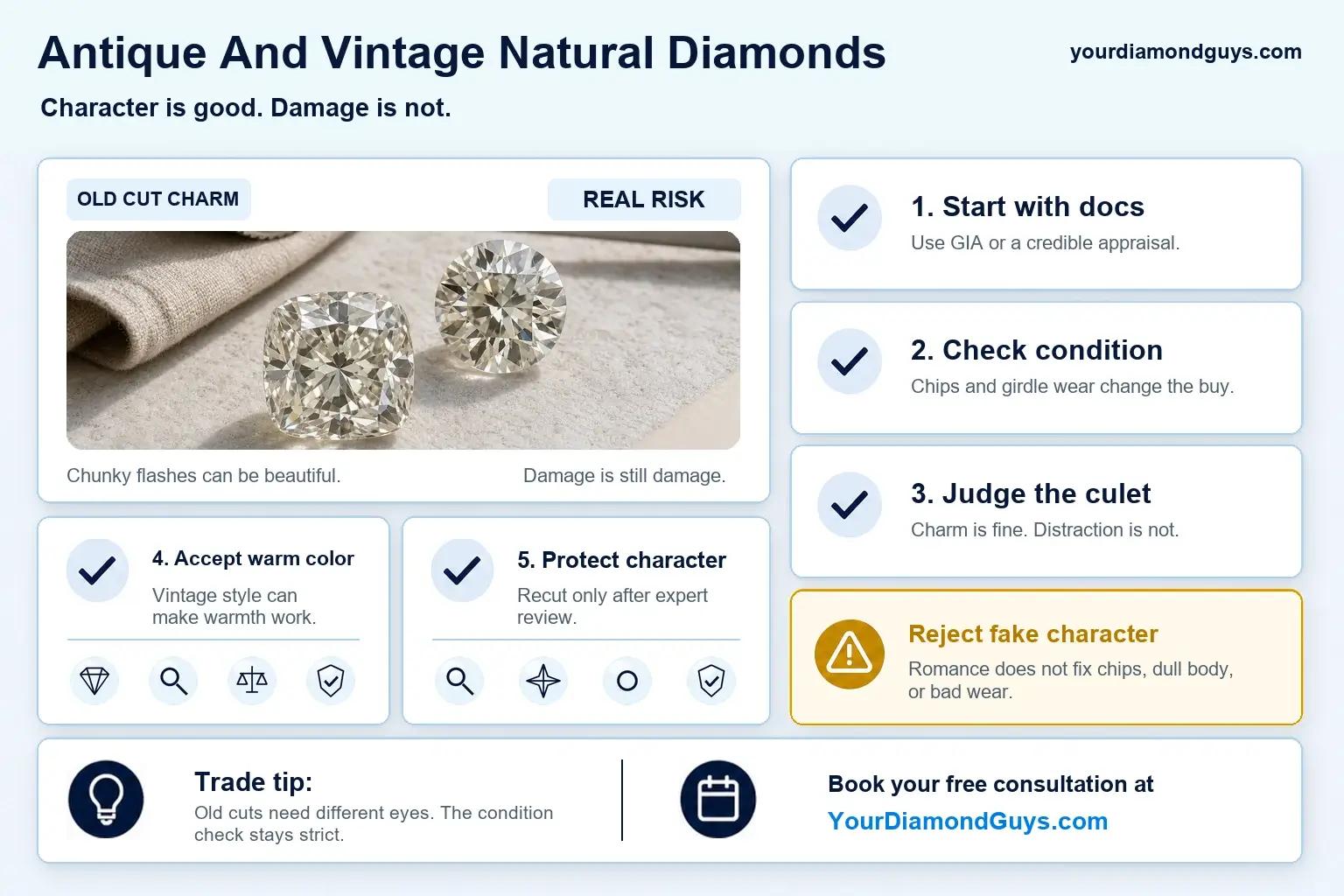 Antique and vintage natural diamond checklist showing old cut charm, documentation, condition, culet, warm color, character protection, and fake character rejects.