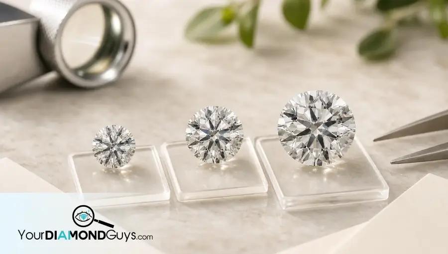 Three loose round brilliant natural diamonds arranged as a budget and specs comparison on a warm jeweler inspection desk with a loupe, smooth unmarked tweezers, and blank spec cards.