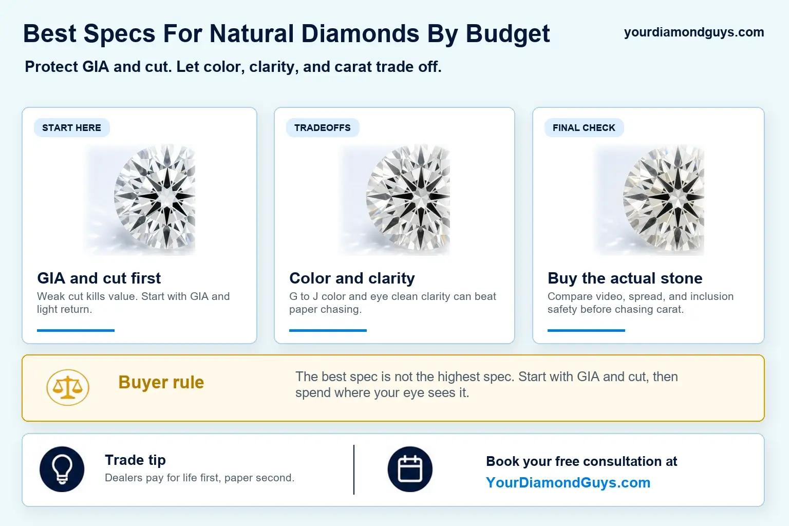 Infographic showing the best natural diamond specs by budget: start with GIA and cut, use color and clarity as tradeoffs, and compare the actual stone before chasing carat.