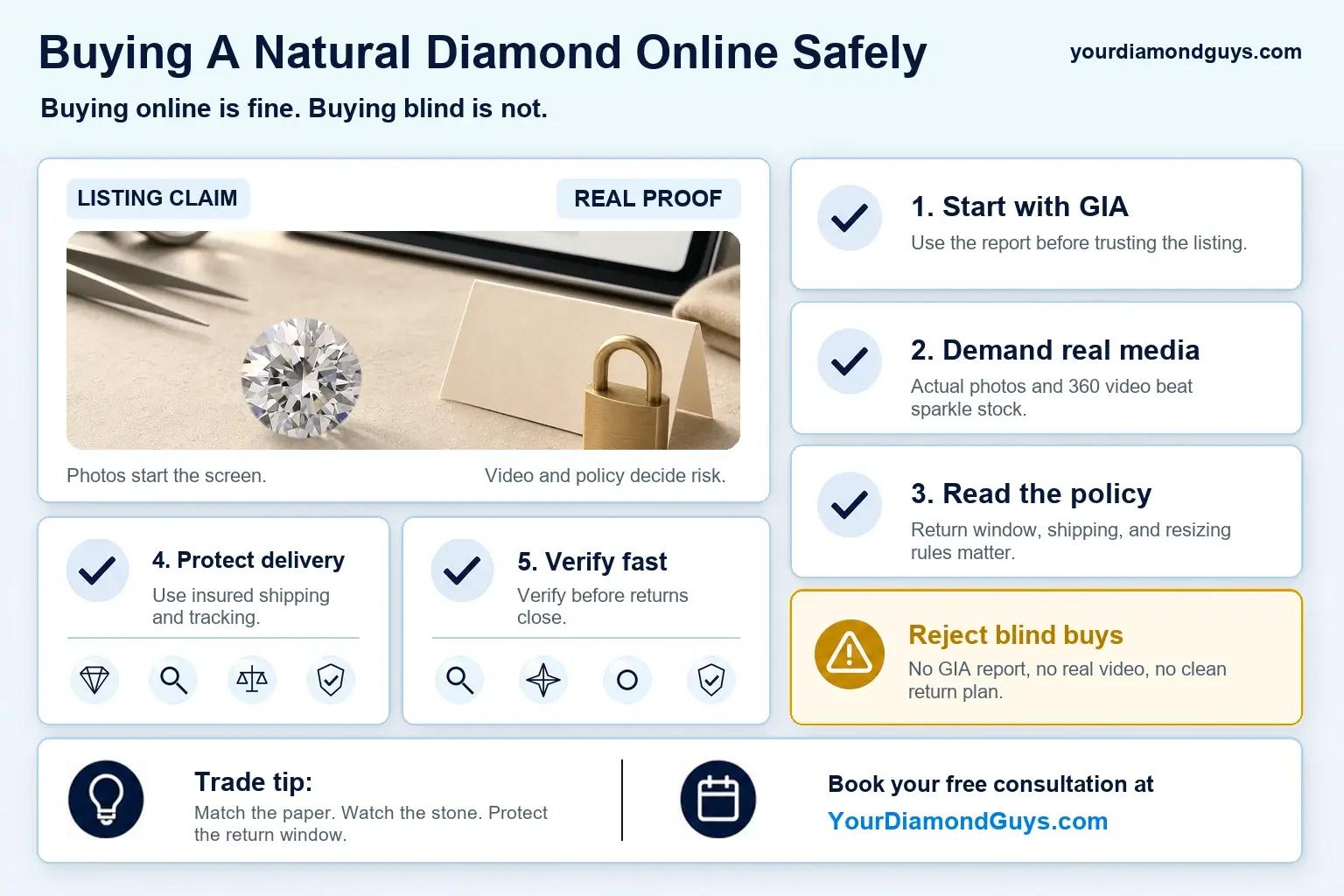 Buying a natural diamond online safely checklist showing GIA report lookup, real media, return policy, insured delivery, fast verification, and blind buy rejects.