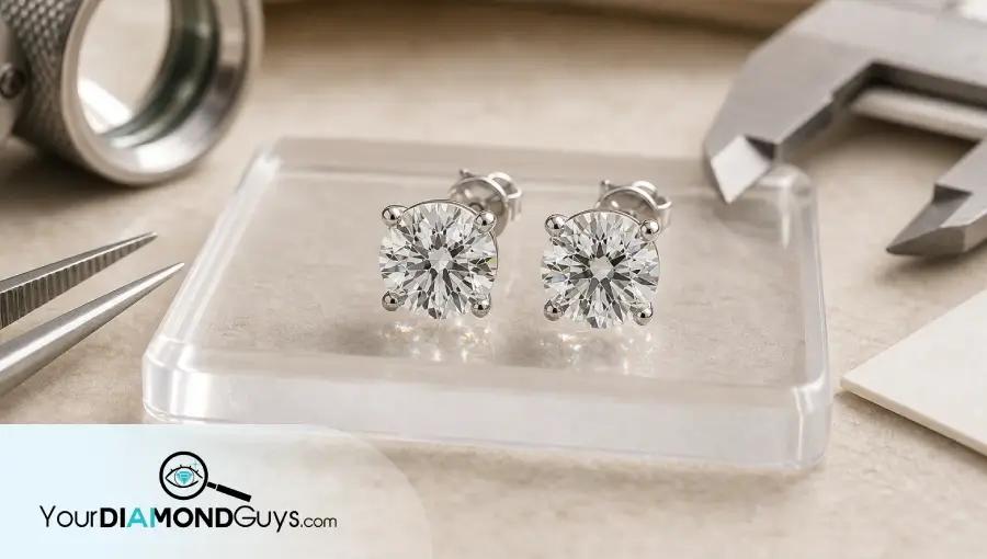A matched pair of round brilliant natural diamond stud earrings on a clear pairing tray with a loupe, tweezers, calipers, and a blank card.