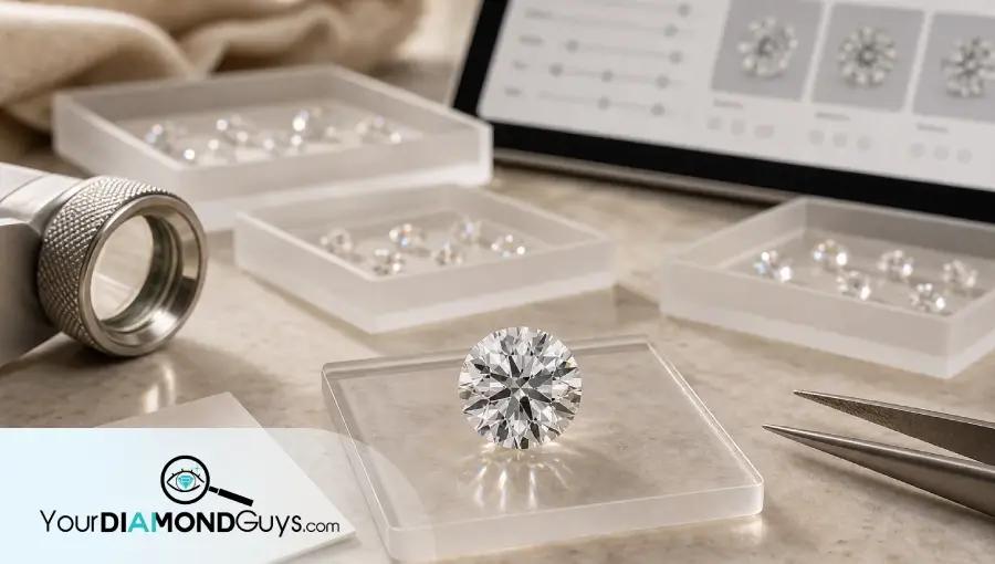 A selected round brilliant natural diamond in front of candidate sorting trays, a blurred filter screen, loupe, tweezers, and a blank shortlist card.
