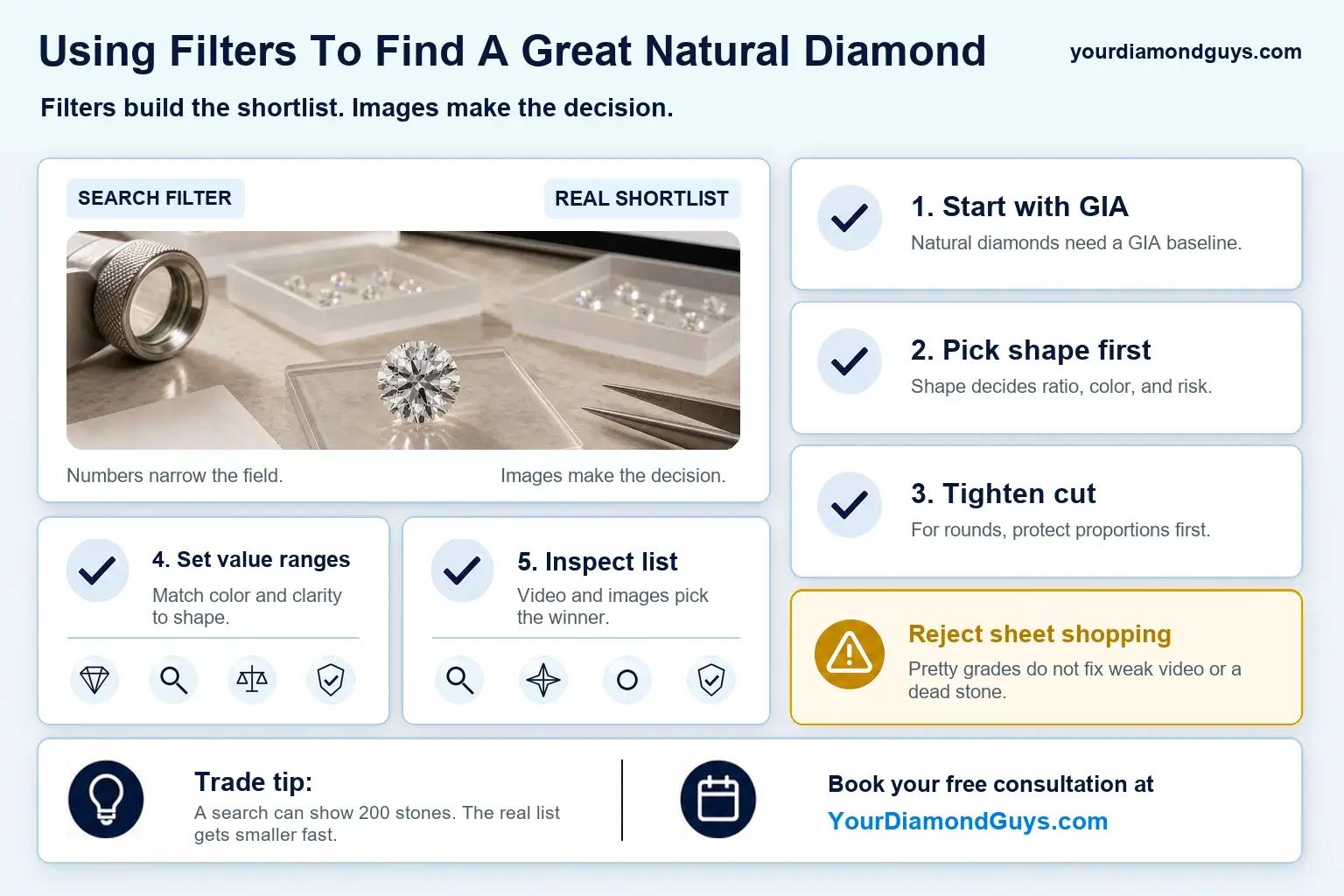 Natural diamond filter checklist showing GIA, shape, cut, value ranges, shortlist inspection, and spreadsheet shopping rejects.