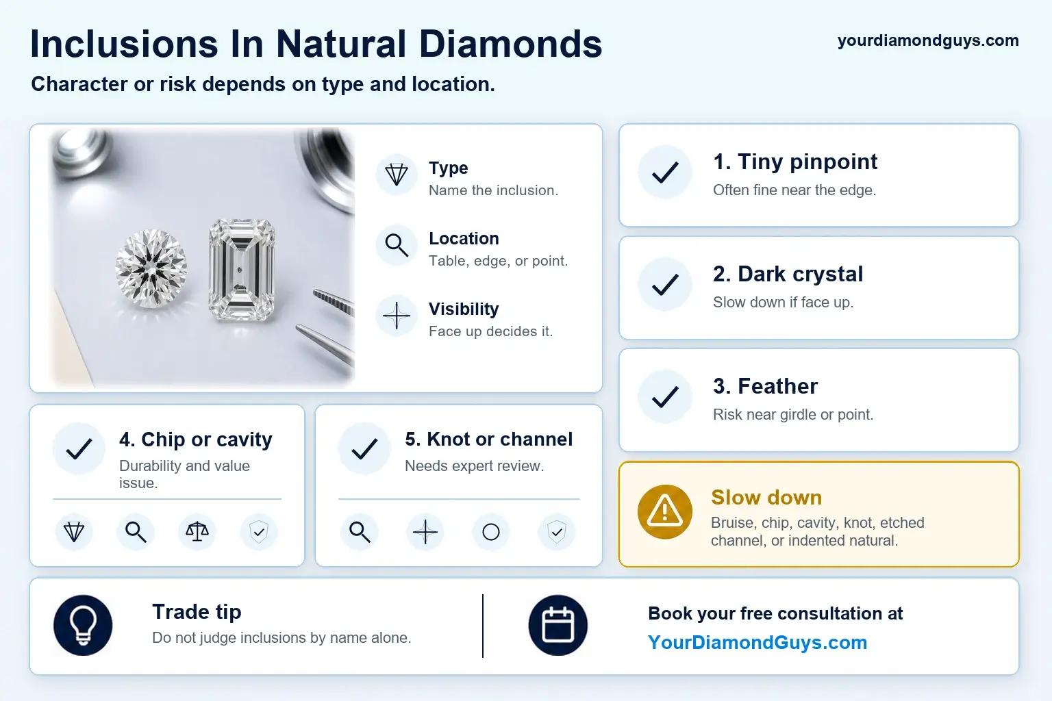 Infographic showing how to judge natural diamond inclusions by type, location, visibility, durability risk, and expert review needs.