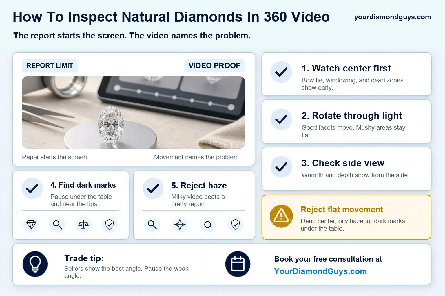 Natural diamond 360 video inspection checklist showing center review, light rotation, side view, dark marks, haze, and flat movement rejects.