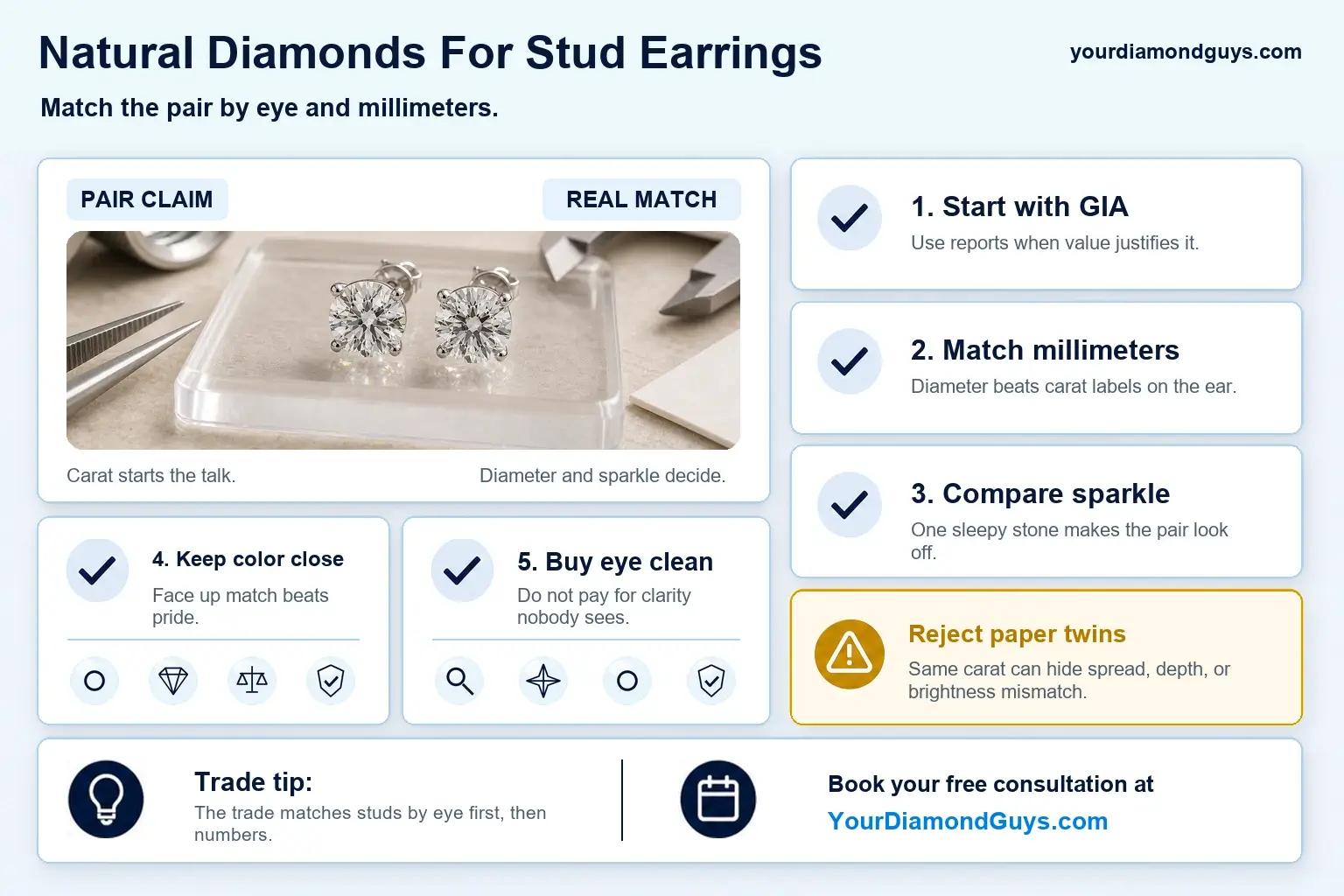 Natural diamond stud earrings checklist showing matched millimeters, GIA reports, sparkle, color, eye clean clarity, and paper twin rejects.