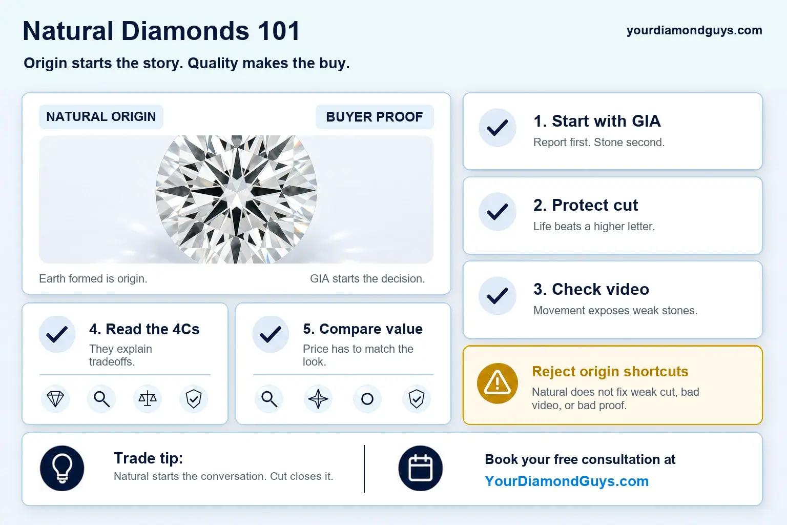Natural Diamonds 101 checklist showing GIA reports, cut, video, the 4Cs, value comparison, and origin shortcut rejects.