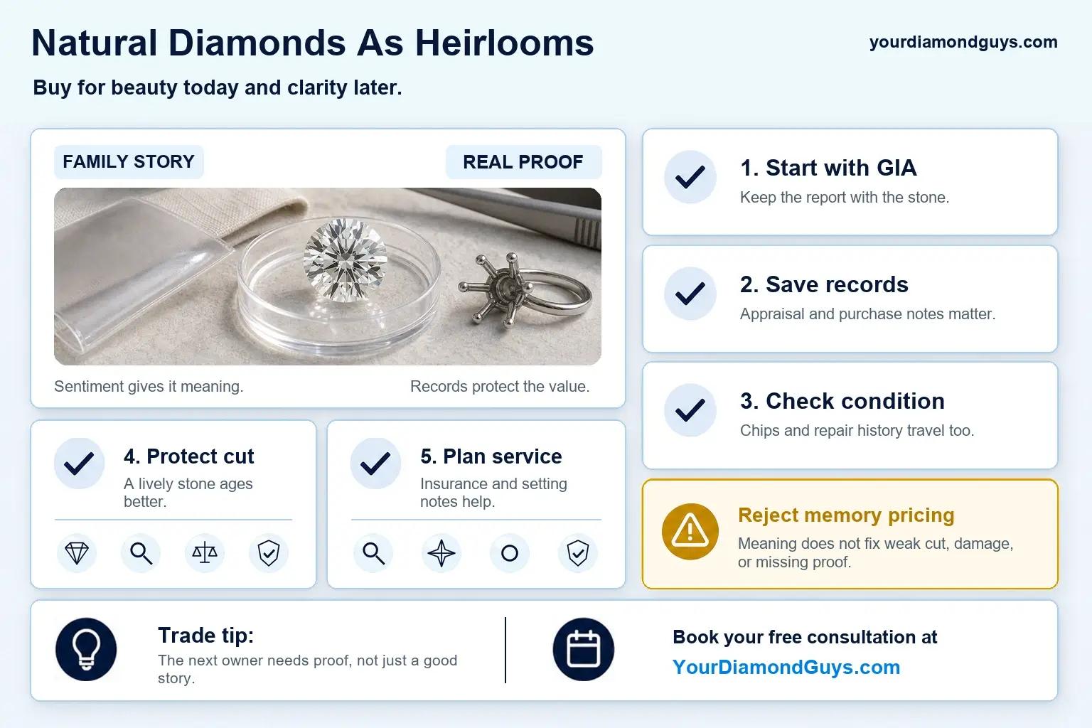 Natural diamonds as heirlooms checklist showing GIA reports, saved records, condition checks, cut quality, service planning, and memory pricing rejects.