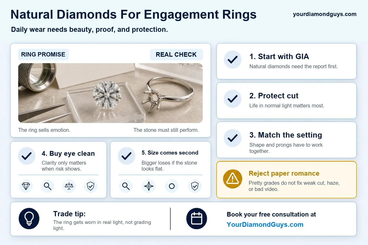 Natural diamond engagement ring checklist showing GIA report, cut, setting match, eye clean clarity, size tradeoffs, and paper romance rejects.