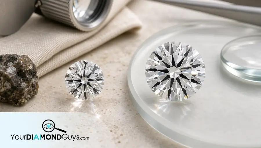 Two loose round brilliant diamonds shown as a priorities comparison, a smaller natural diamond beside a mineral fragment and a larger lab grown comparison diamond on a frosted glass tray.