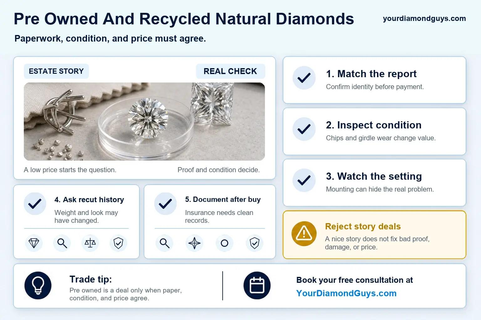 Pre owned and recycled natural diamond checklist showing report matching, condition checks, mounted setting risk, recut history, insurance documents, and story deal rejects.