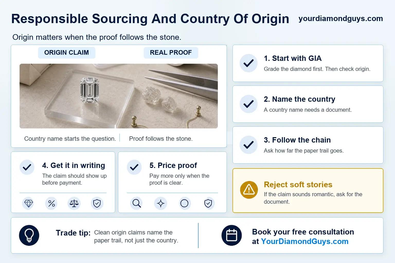 Infographic explaining responsible sourcing and country of origin for natural diamonds, showing that buyers should start with GIA, name the country, follow the chain, get claims in writing, and pay more only when proof is clear.