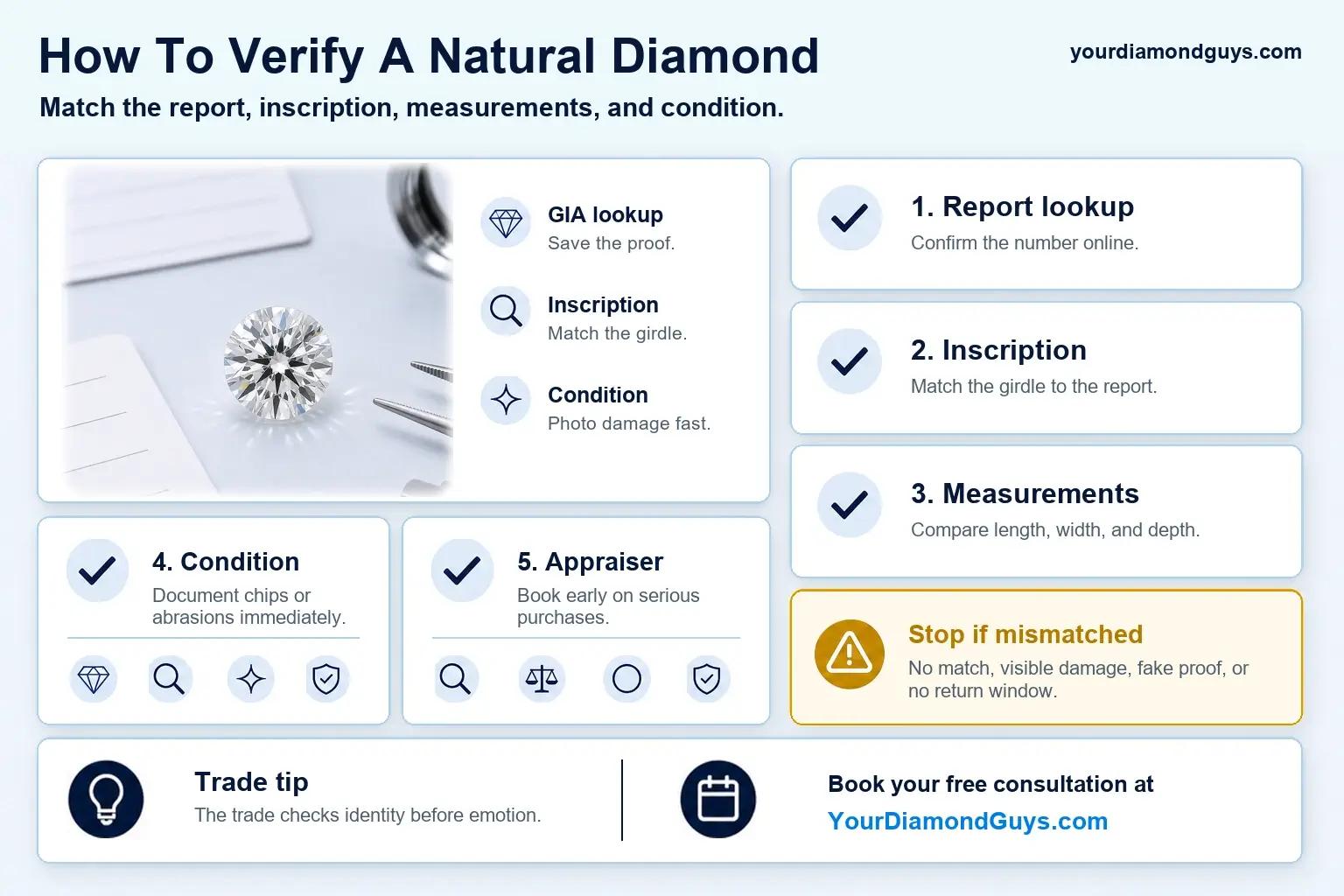 Infographic showing how to verify a natural diamond by matching the report, inscription, measurements, condition, and appraisal before the return window closes.