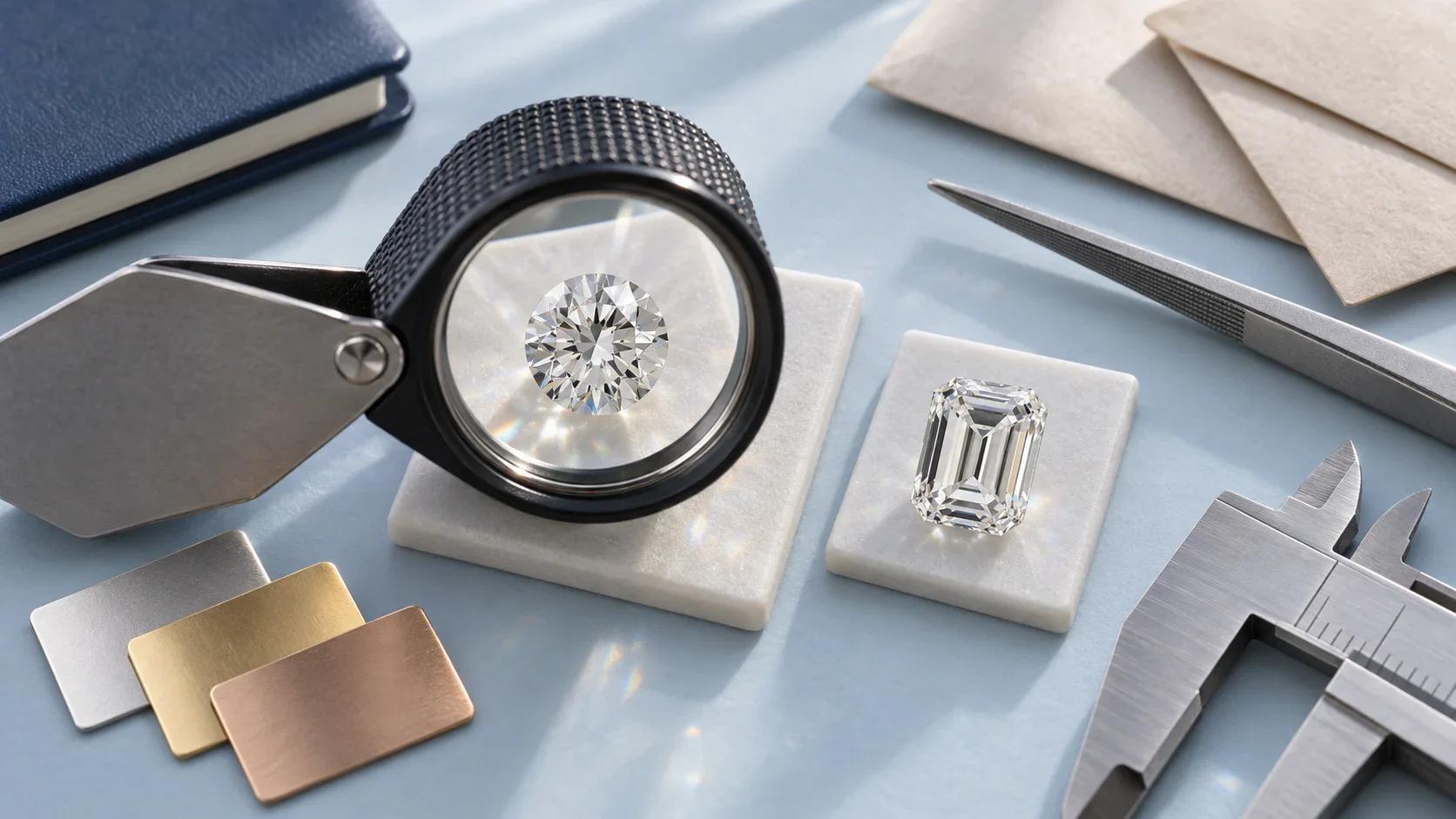 Diamond loupe inspection with emerald cut diamond, calipers, and metal swatches
