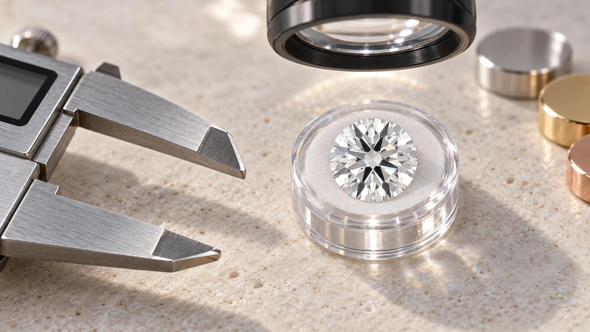Natural diamond buying guide - diamond in jewel case with digital caliper