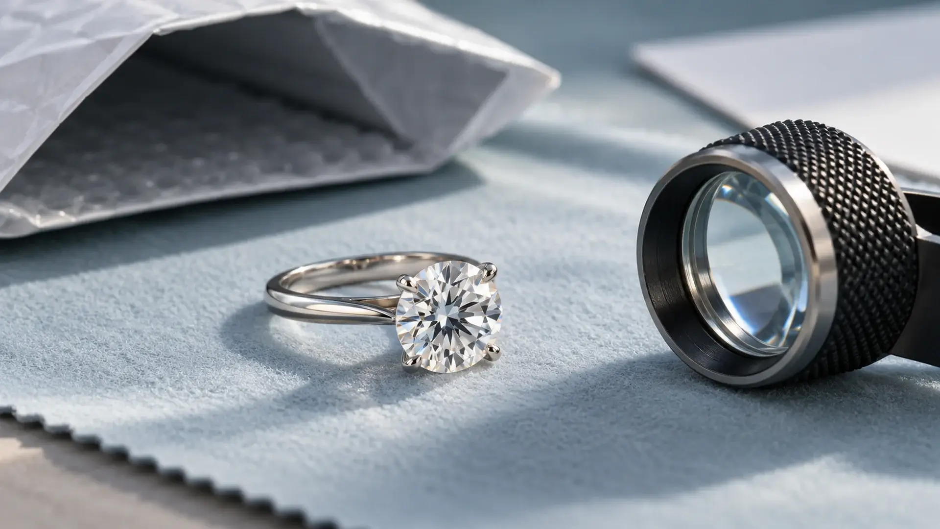 Delivered diamond ring on an inspection mat beside a loupe and opened protective sleeve