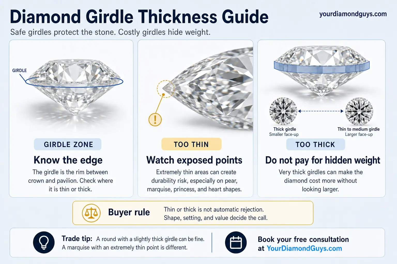 diamond girdle thickness guide infographic showing safe vs costly girdle ranges