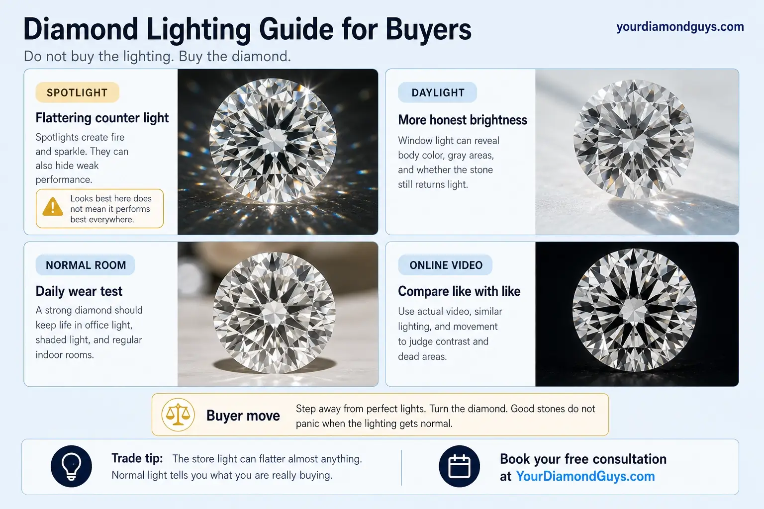 diamond lighting guide infographic comparing spotlight, daylight, normal room light, and online video lighting checks