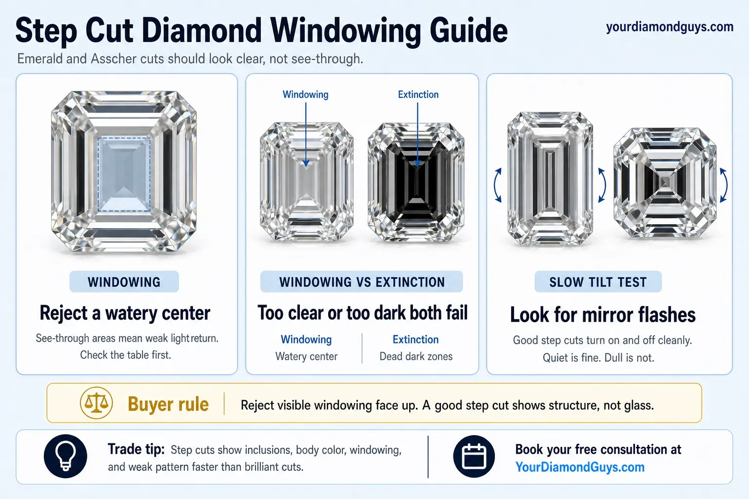 step cut diamond windowing guide infographic showing windowing vs extinction comparison