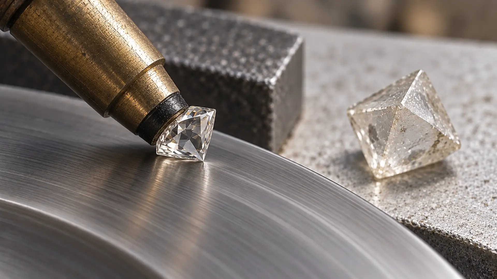 Partly faceted diamond held in a brass dop beside an idle polishing wheel and a rough crystal