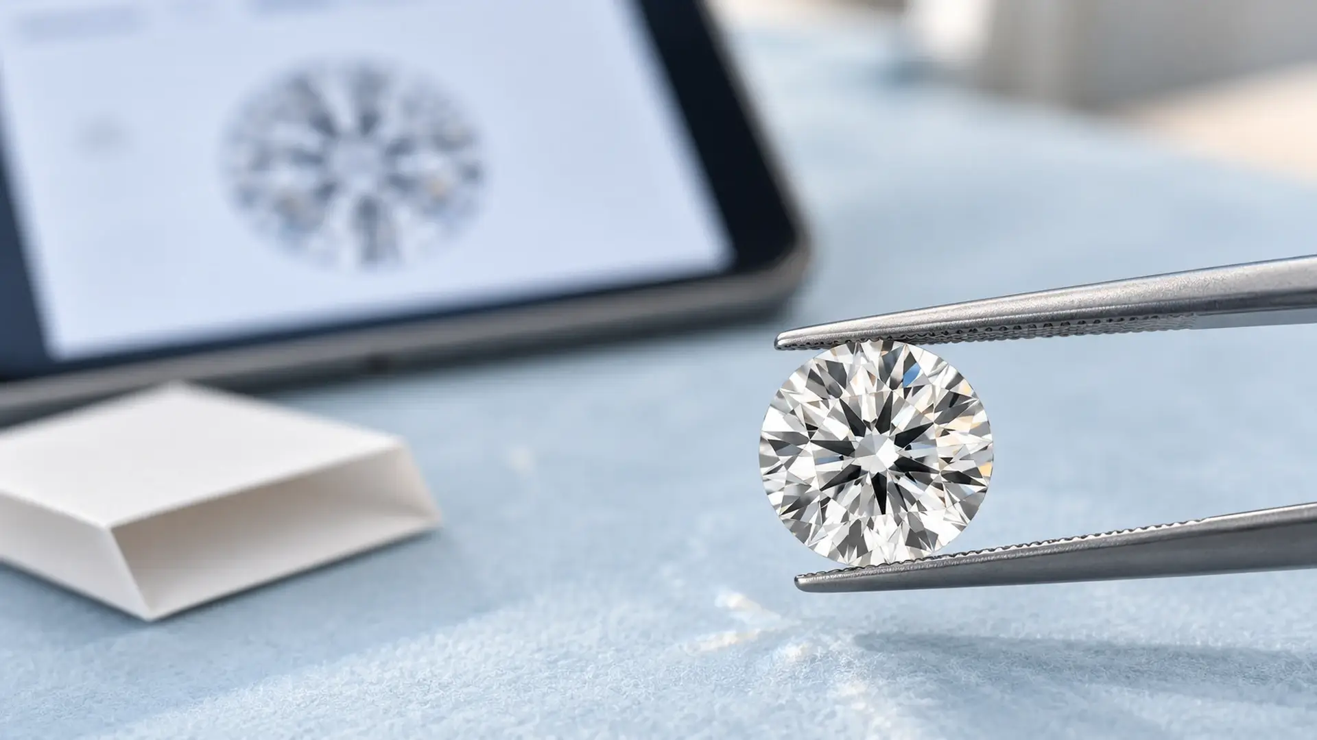 A round diamond held in gem tweezers in front of a blurred online listing, with a blank return sleeve nearby.