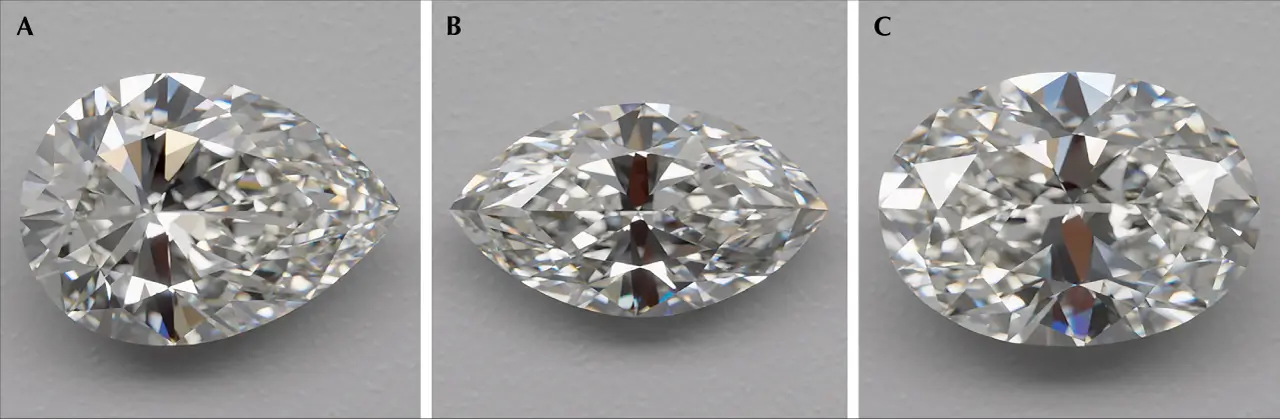 GIA photographs of pear, marquise, and oval diamonds showing bow tie contrast and smaller reflection patterns.