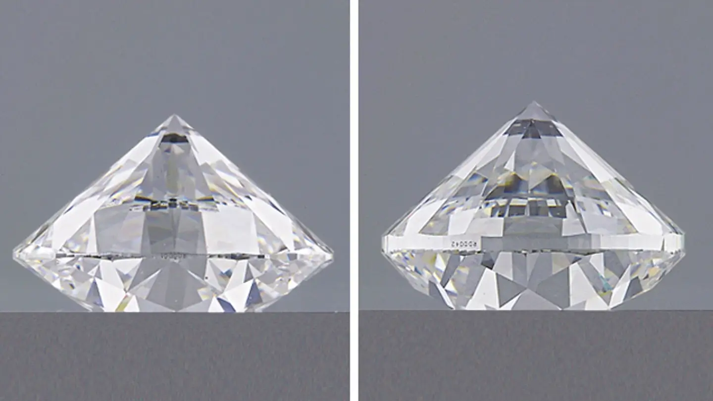 GIA comparison of 0.61 and 0.71 carat diamonds with similar face up size and different girdle thickness.
