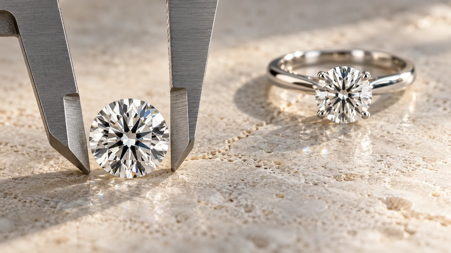 A loose round diamond measured beside a finished solitaire ring, showing the stone and the complete ring in one comparison