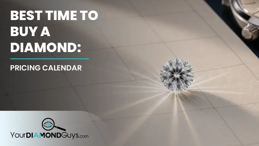 Round diamond casting sundial-like caustic rays across a blank calendar grid beside a blurred watch