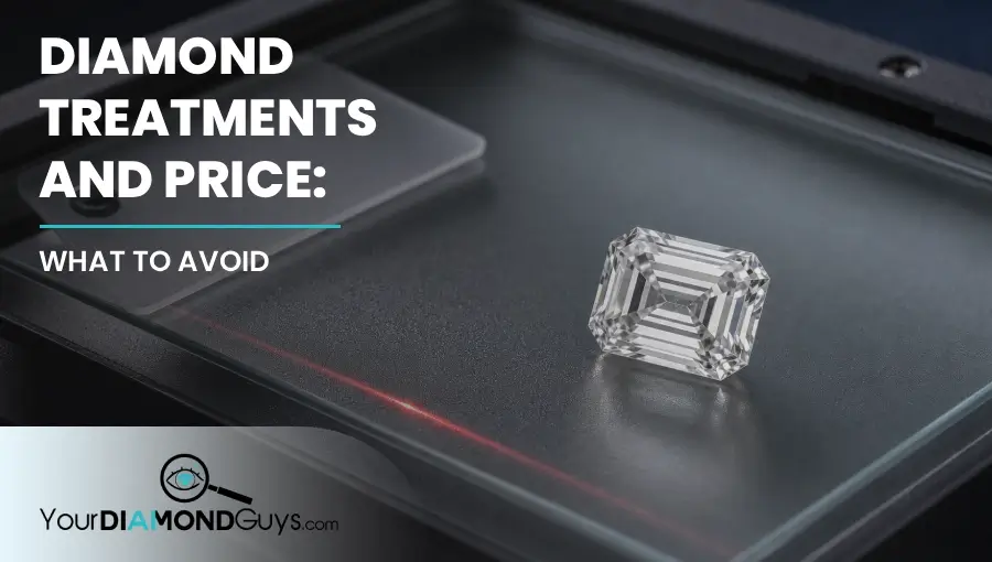 Emerald cut diamond on a frosted inspection plate with a red treatment warning reflection