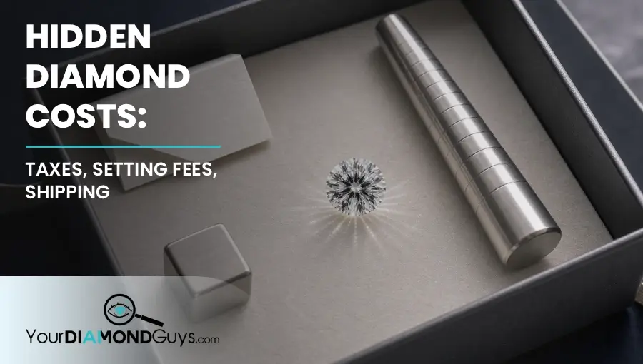 Round diamond inside an open graphite box with blank tax shipping and setting cost objects