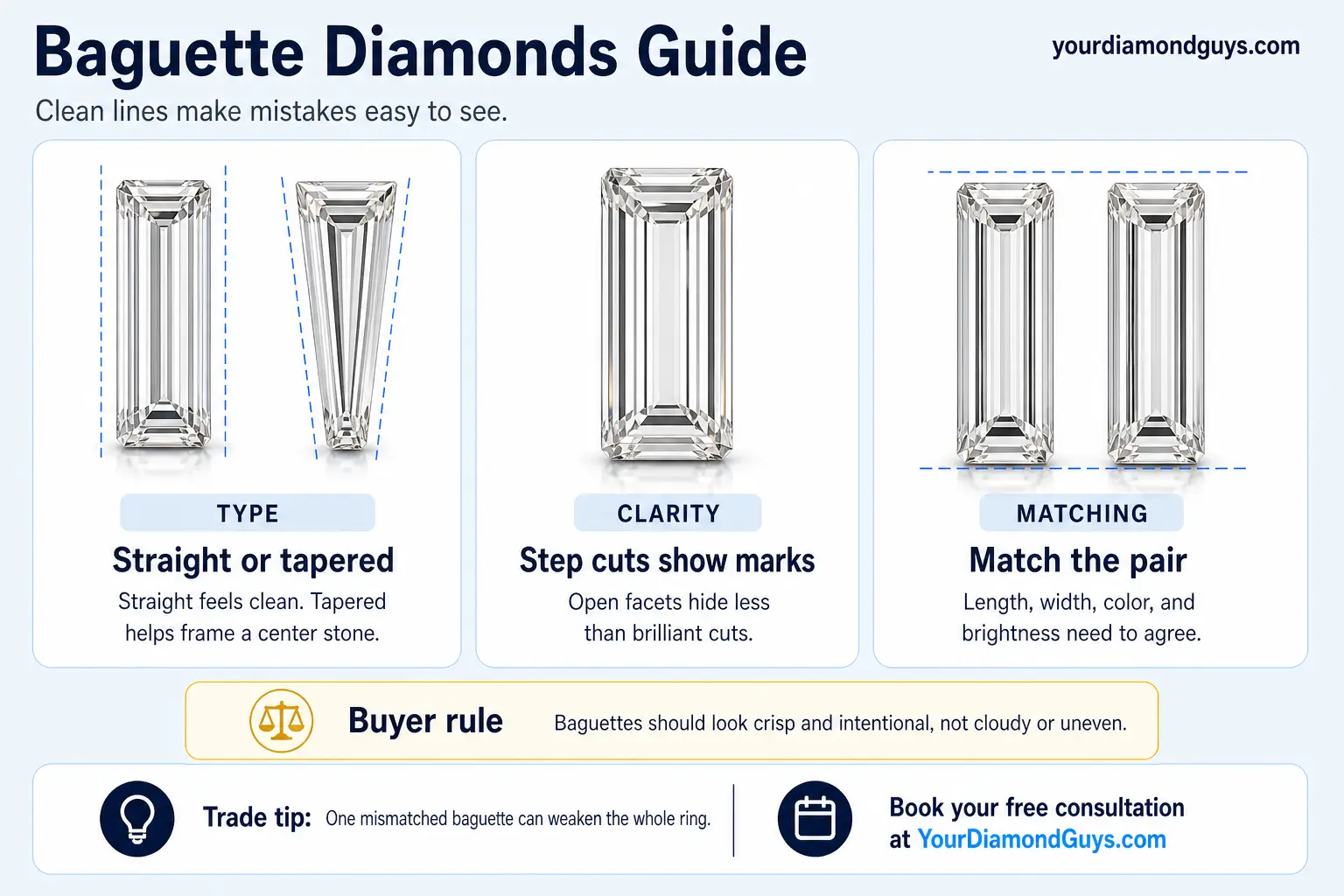 Ultra realistic Baguette Diamonds Guide infographic showing straight versus tapered baguettes, step cut clarity, and matching pairs
