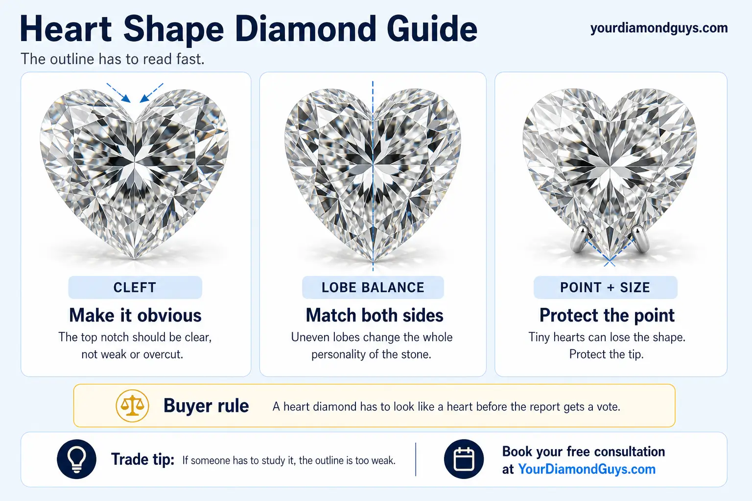 Ultra realistic Heart Shape Diamond Guide infographic showing clear cleft, balanced lobes, size readability, and point protection