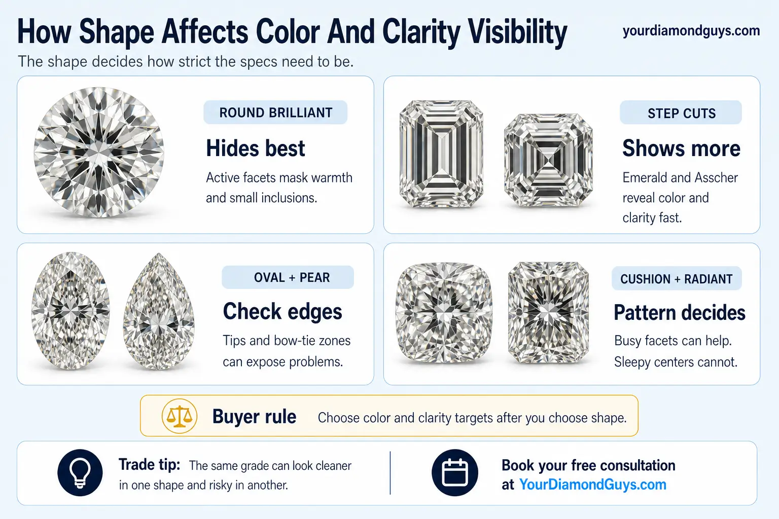 Ultra realistic How Shape Affects Color And Clarity Visibility infographic comparing round brilliant, step cut, elongated, cushion, and radiant diamond visibility.