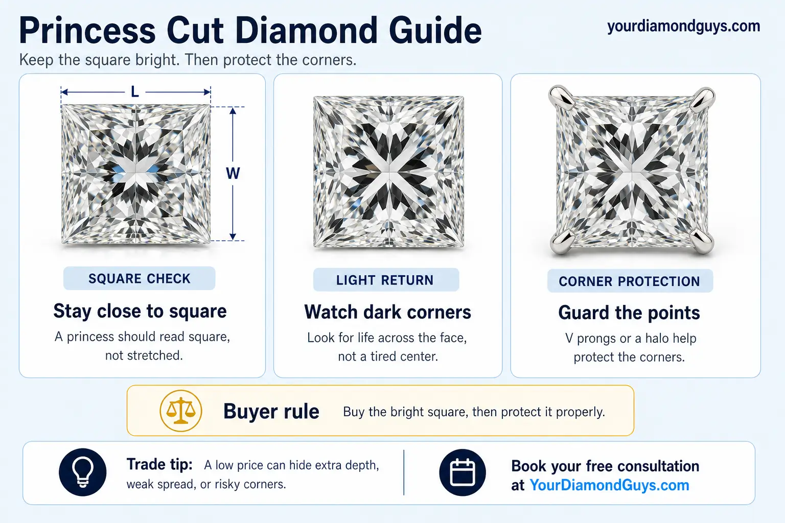 princess cut diamond guide infographic showing square ratio, light return, dark corner checks, and corner protection