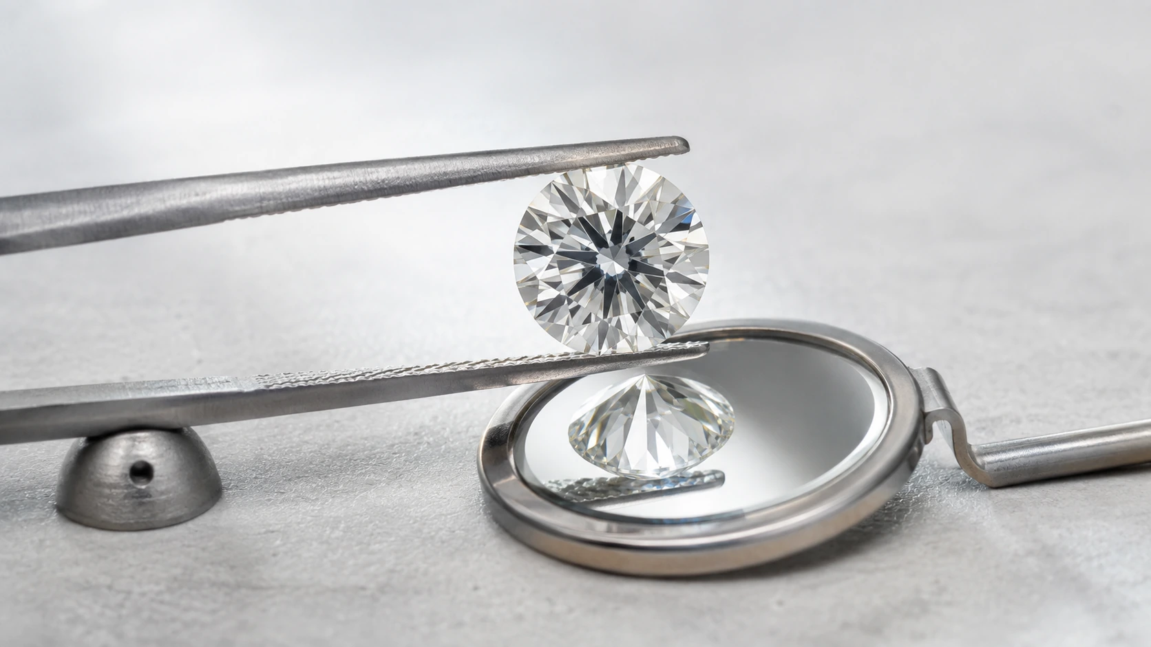 Round brilliant diamond held in jeweler tweezers above an inspection mirror