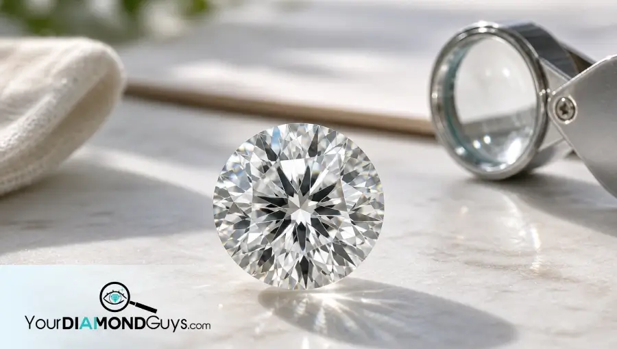 Ultra realistic loose round brilliant lab grown diamond on a pale natural inspection surface with a jeweler loupe