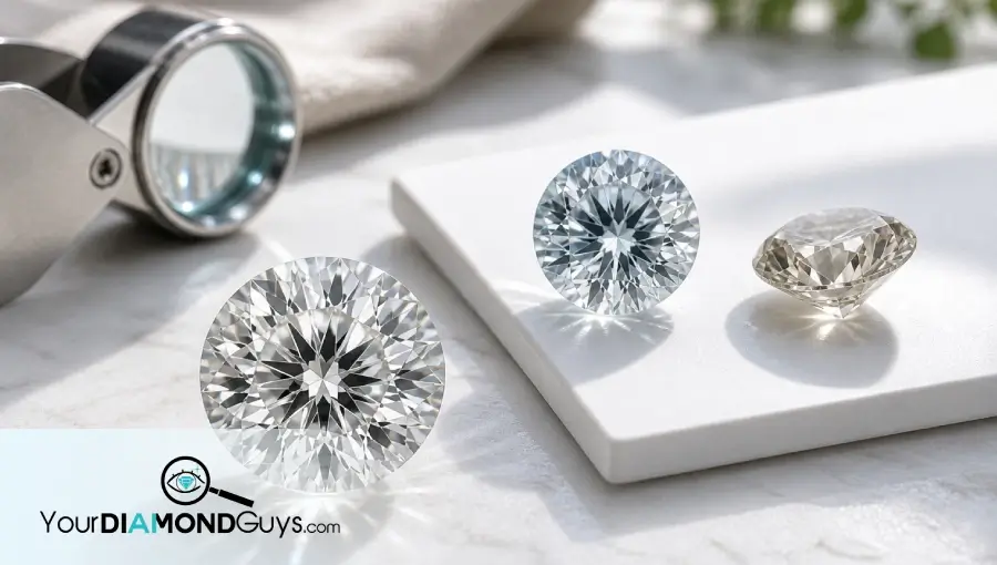 Natural macro photo of lab diamonds showing a neutral white stone, cool blue nuance, and warmer color tint during inspection.