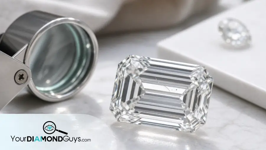 Natural macro photo of an emerald cut lab diamond showing subtle internal growth remnants, pinpoints, and loupe inspection cues.