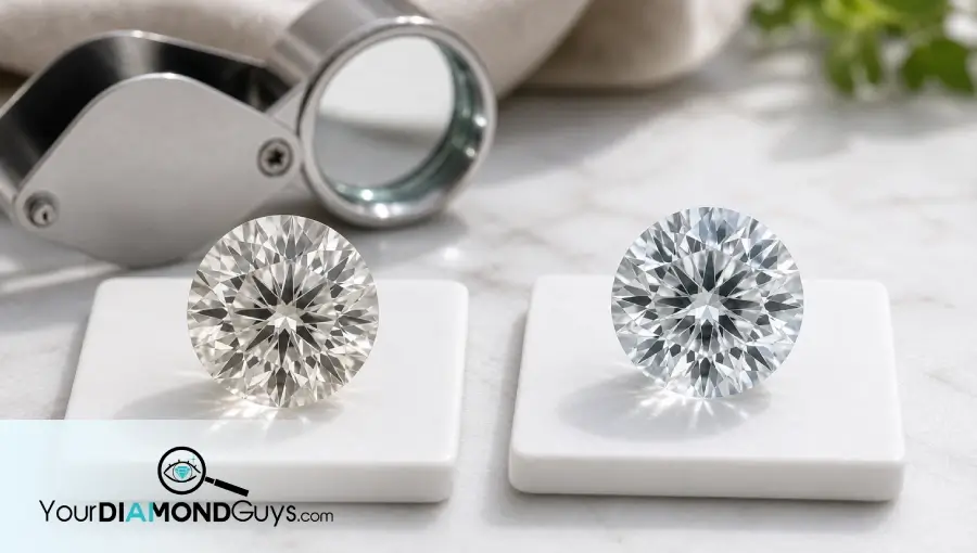 Natural macro comparison photo of two lab diamonds showing subtle warm gray and cool blue nuance under inspection light